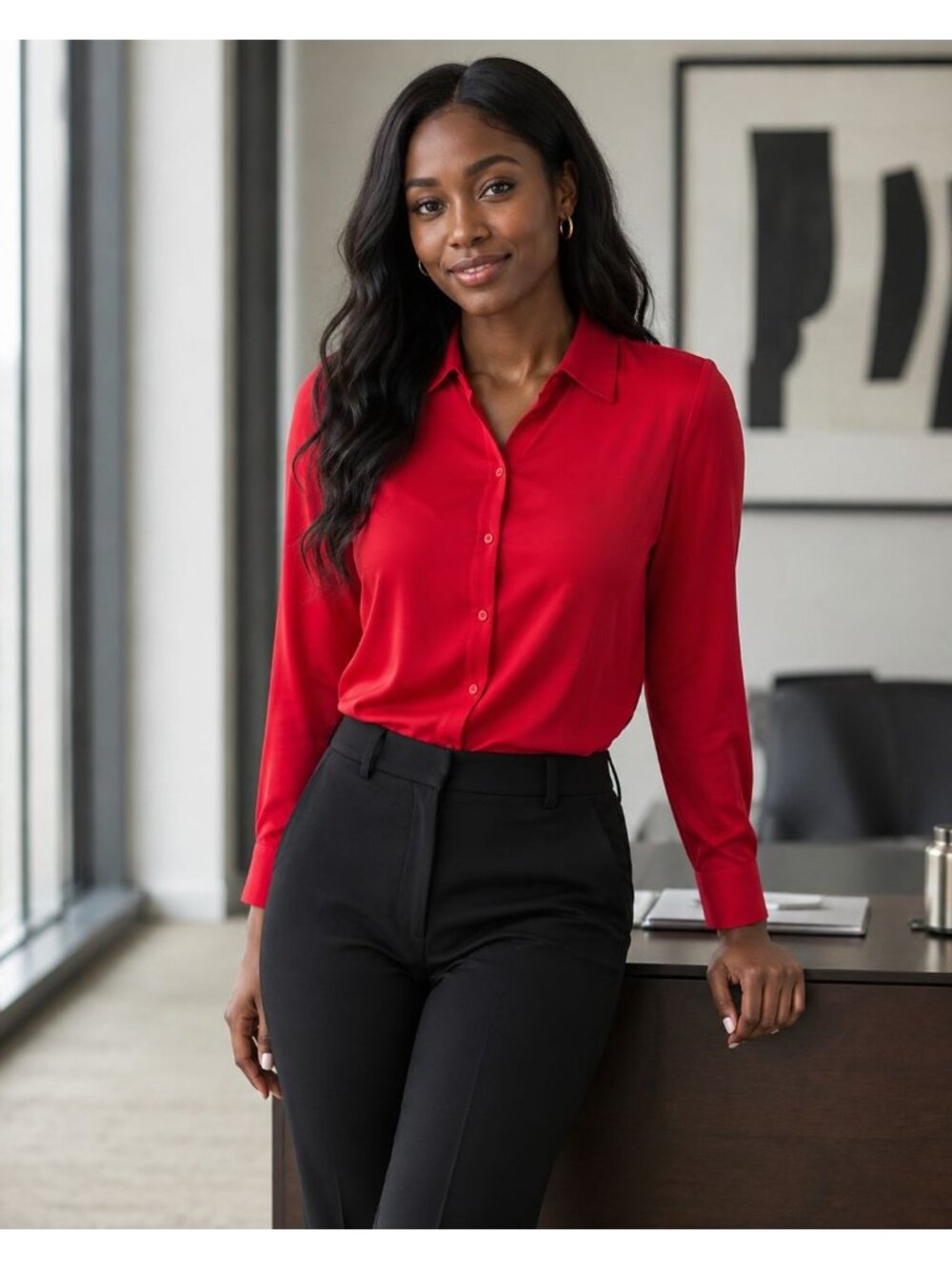 Classiques Entier Red 100% Silk Button Up Blouse Quiet Luxury Size S  office chi